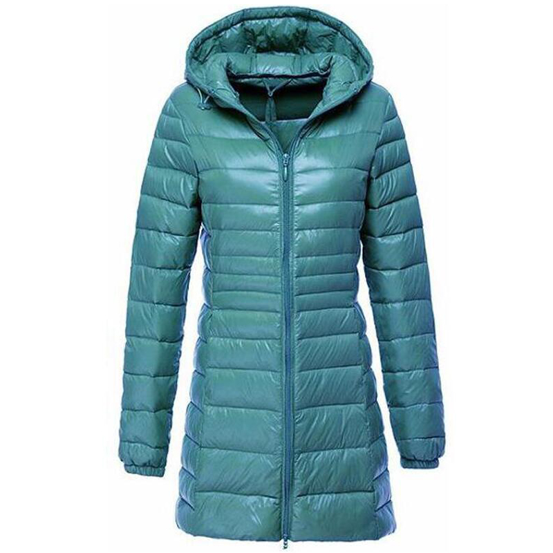 0-10 ℃   Chaquetas largas de plumón para mujer, abrigo ultraligero con capucha de plumón de pato, abrigo de invierno acolchado portátil para mujer, Parkas a prueba de viento 7XL