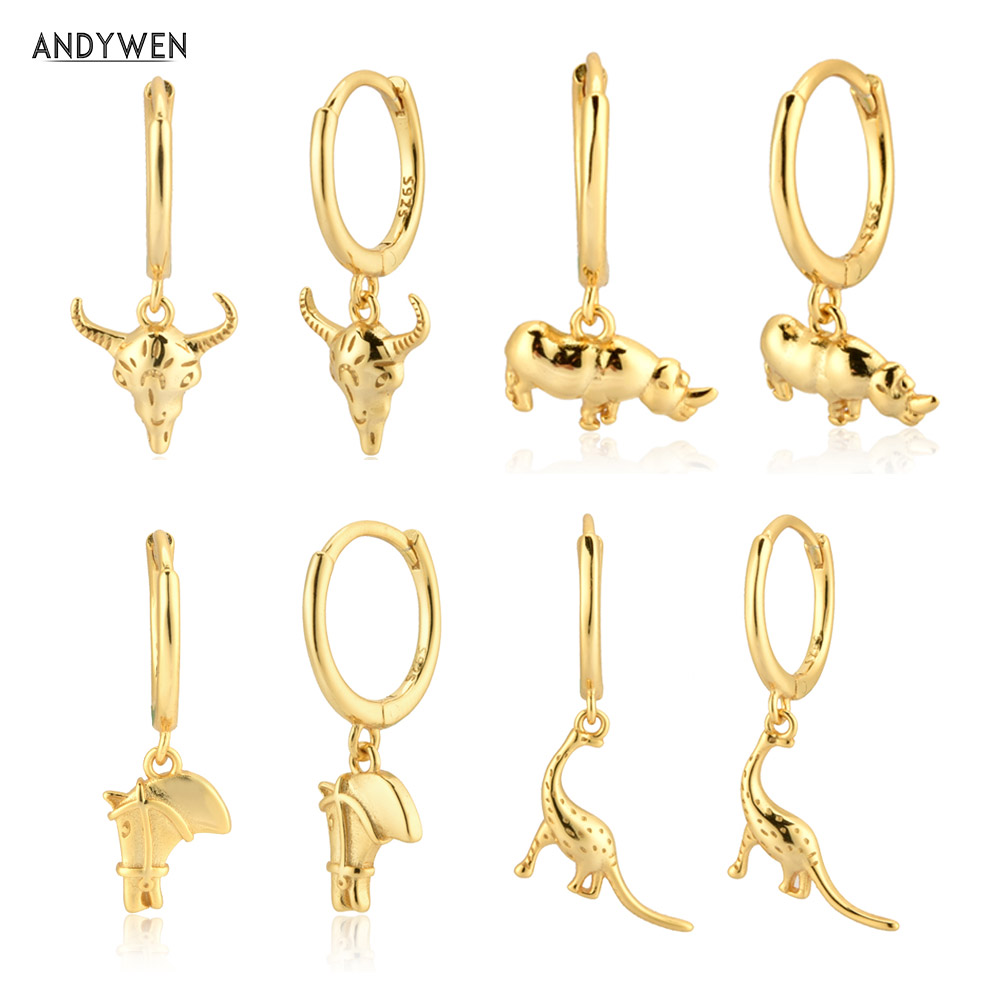 ANDYWEN-Boucles d'oreilles pendantes en argent regardé 925, collection de rhinocéros animaux, bijoux fins à la mode, piercing circulaire, 8.5mm