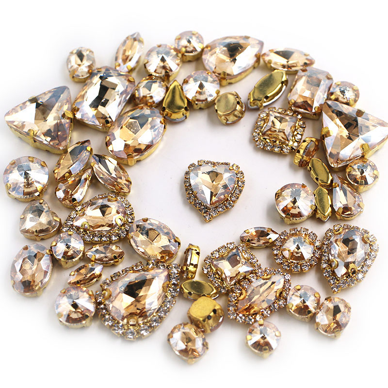 50 sztuk/worek błyszczący szampan mieszany kształt szyć na szkle Rhinestone złoty pazur kryształowa klamra Diy ślubne dekoracje na ubrania/buty/sukienka