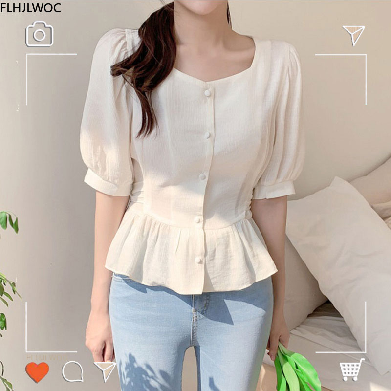 かわいい甘いフリルペプラムトップス夏韓国シックな日本スタイルflhjlwocプレッピー女の子の半透明シャツ女性トップブラウス