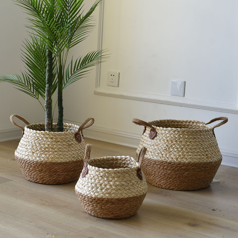 Zerolife-cesto di vimini alle alghe con manico, vaso di fiori appeso in Rattan, stoccaggio di vestiti sporchi, smistamento di giocattoli per bambini, 3 dimensioni