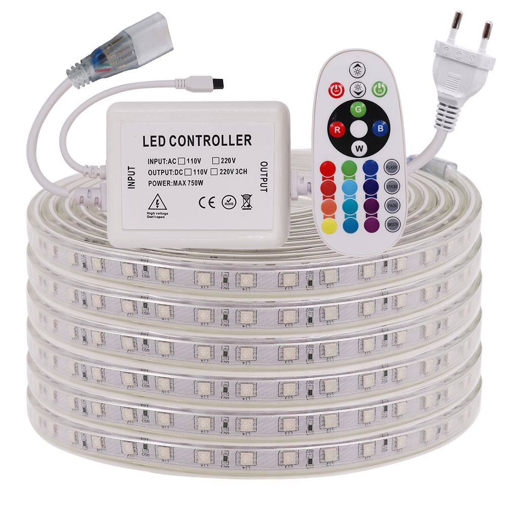 220 V 5050 RGB LED-Streifen, hohe Helligkeit, flexibles LED-Lichtband, wasserdicht, IP67, LED-Streifen, für den Außenbereich, Heimdekoration, Licht mit Fernbedienung