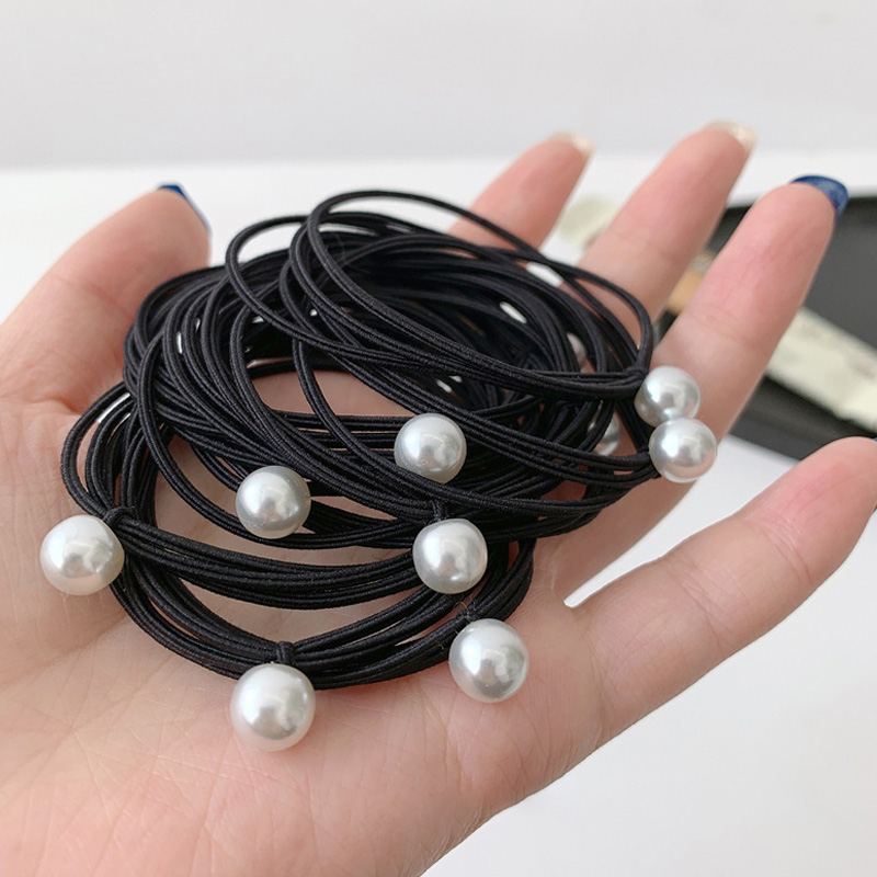 5pcs ไข่มุกผมสาวสีดํายางยืดหยุ่นสูงสําหรับเด็กผู้หญิงบาง Scrunchies อุปกรณ์เสริมผมง่ายเชือกผม