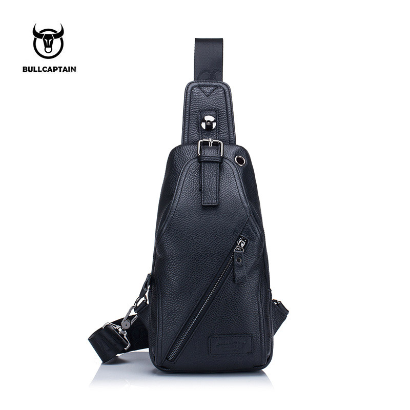 BULLCAPTAIN-Bolsa de Peito de Couro Genuíno para Homens, Bolsas Mensageiro Casuais, Bolsas Crossbody Masculinas, Zíper Multifuncional para Telefone Móvel