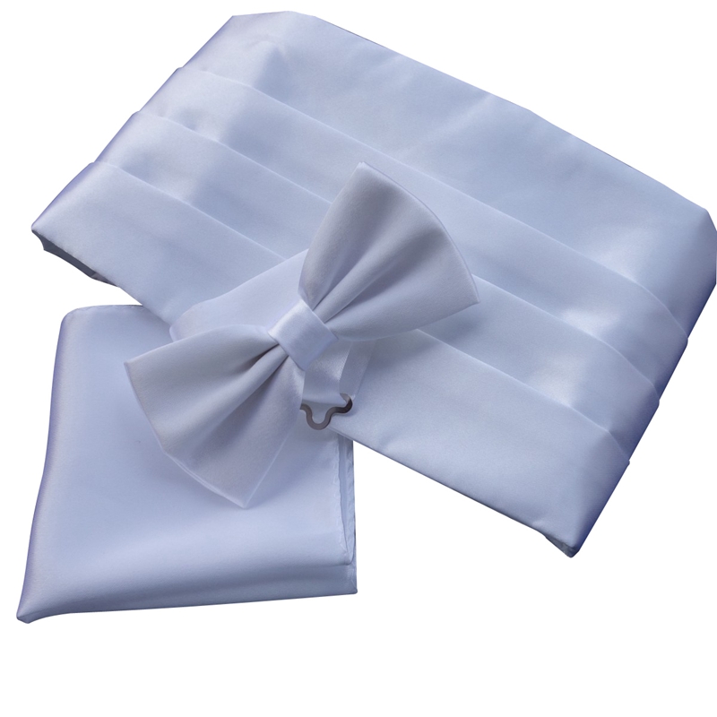 3PCS Ikepeibao Mens Formal Wide Solid Classic White Pre-tied Bow Tie  Pocket Square  Cummerbund  Belt Corset For Male Set