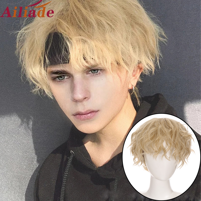 AILIADE-Peluca de cabello sintético para hombre, pelo corto y rizado, color amarillo claro, resistente al calor, transpirable, ideal para fiesta de Cosplay