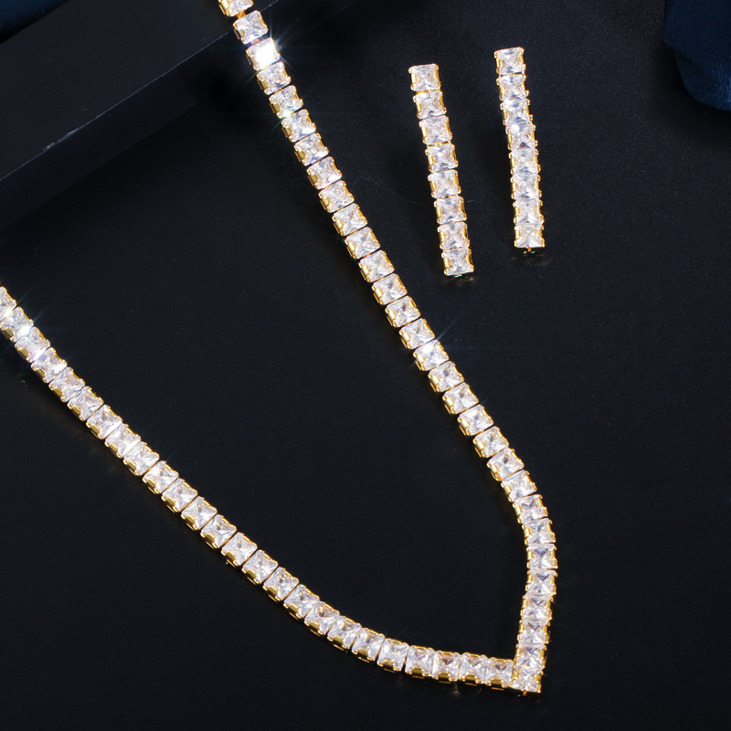 CWWZircons – ensemble de bijoux de mariée T421, très brillant, pavé de zircon cubique, couleur or jaune, collier ras du cou et boucle d'oreille de fête pour femmes
