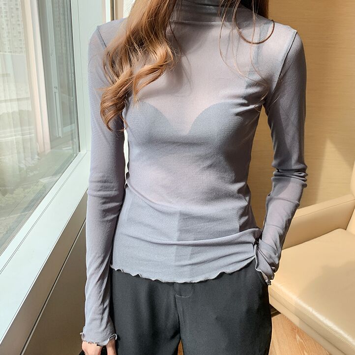 Taille M-3XL Bol Maille Blouses Chemises Tees Femme Automne Transparent À Manches sulfCol Roulé Mince Blouse Y-Undershirts Femmes
