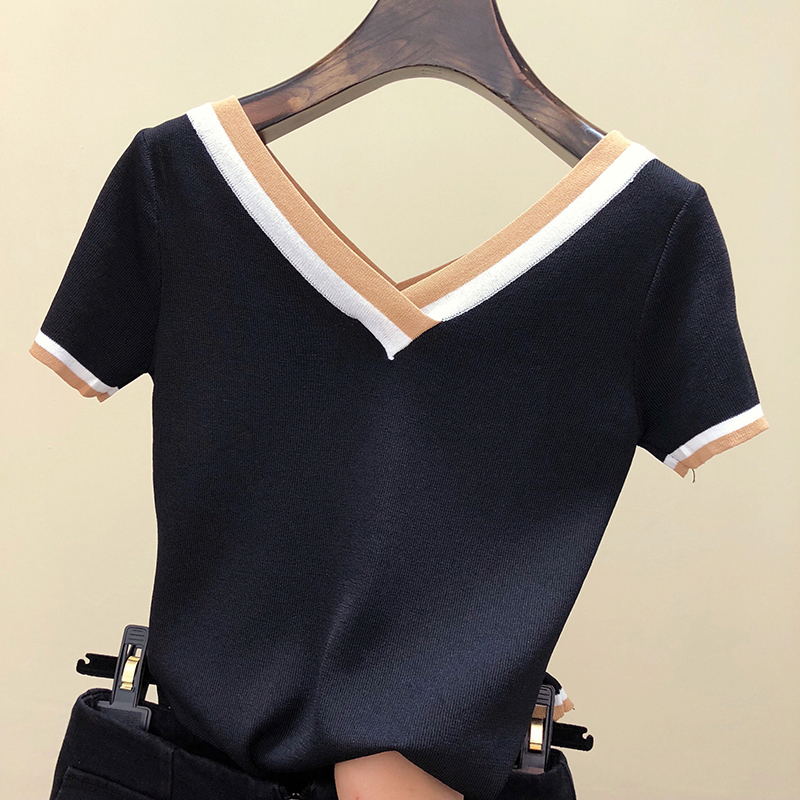 Maglione Pullover da donna con scollo a v lavorato a maglia 2024 estate manica corta contrasto colore a righe moda Slim abbigliamento donna Pull Femme