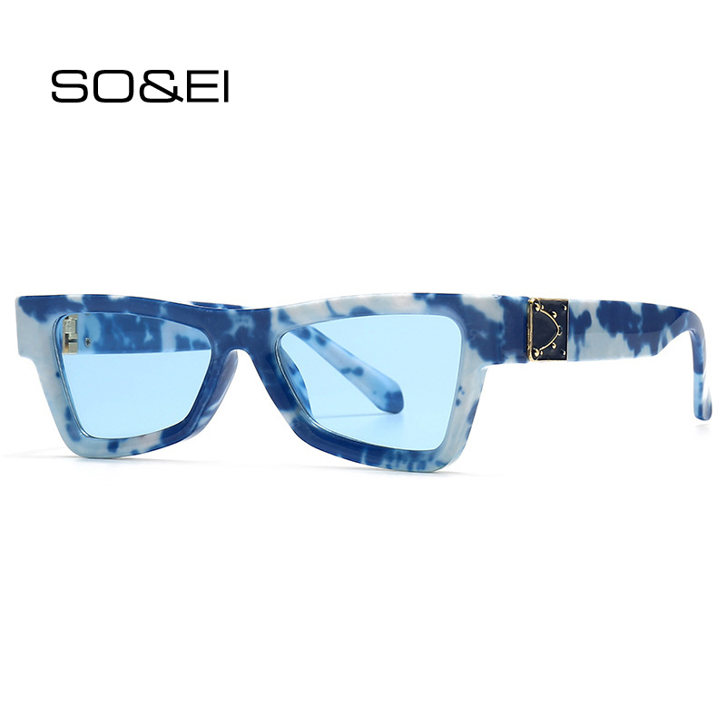 SO & EI Retro kocie oko kobiety luksusowe okulary przeciwsłoneczne moda marka projektant niebieski biały wzór okulary mężczyźni Vintage odcienie UV400