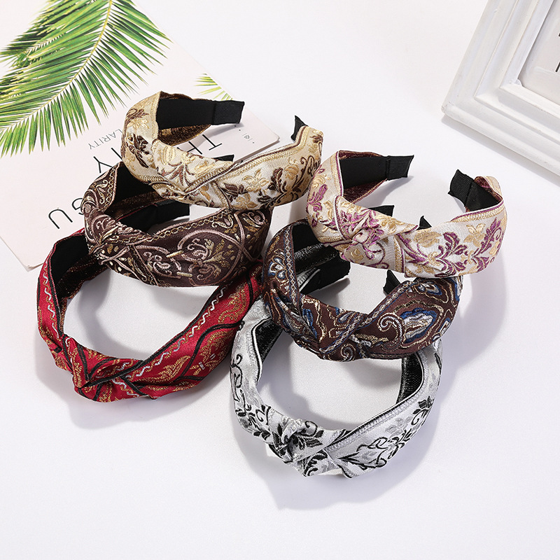 Vintage Blumen-Haarband mit Rundbogen-Druck für Damen, Elastisches Haarband, Haarschmuck mit Kreuzknoten, Mädchen-Haaraccessoires