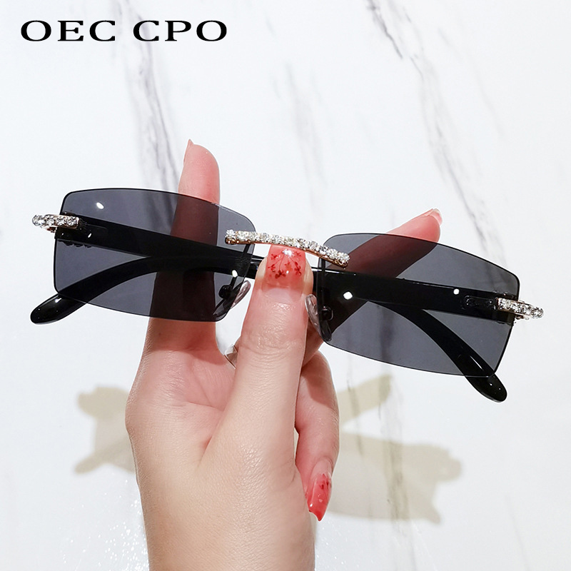 Солнцезащитные очки OEC CPO без оправы с бриллиантами Женские винтажные прямоугольные Солнцезащитные очки женские очки Стразы квадратные очки градиентные цвета