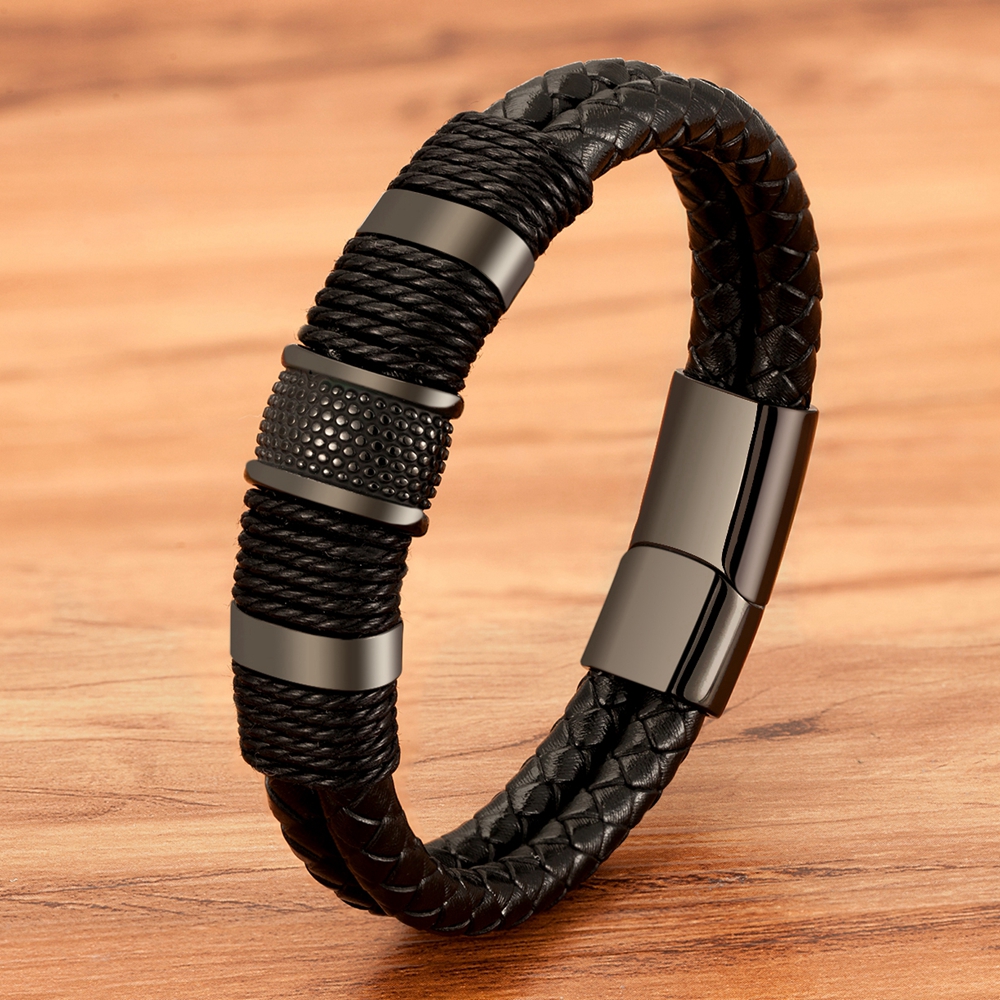XQNI Woven Leder Seil Wrap Spezielle Stil Klassische Edelstahl herren Leder Armband Doppel-schicht Design DIY Anpassung