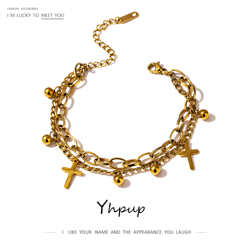 Yhpup bracciale a strati incrociati in acciaio inossidabile per donna Charm Metal 14 K placcato Trendy Golden Wrist gioielli dal Design unico muslimah