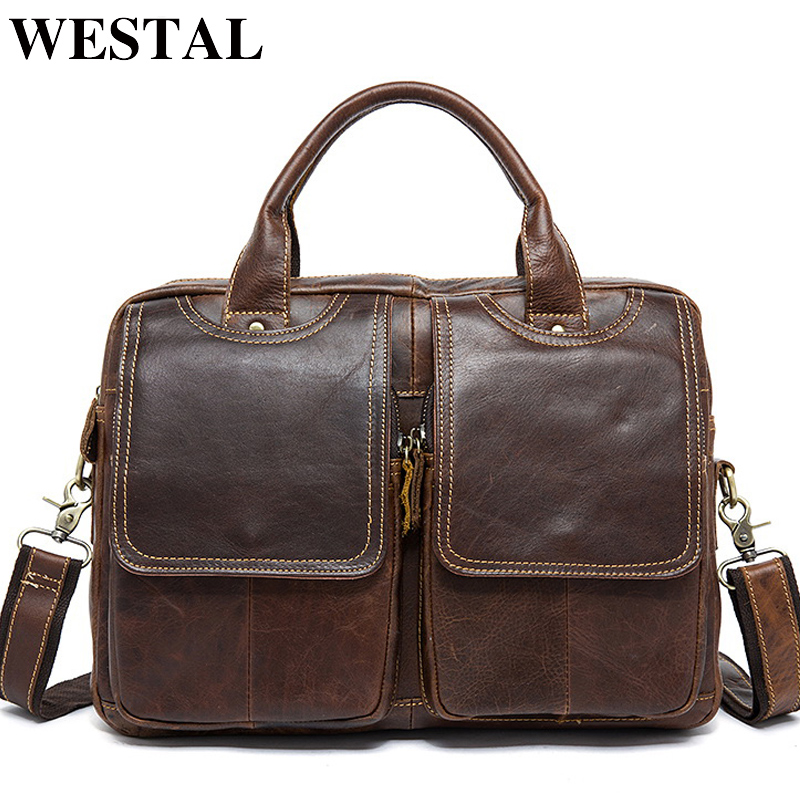 Westal Mannen Tas Echt Lederen Heren Aktetassen Laptop Bag Lederen Totes Voor Document Office Tassen Voor Mannen Messenger tassen 8002