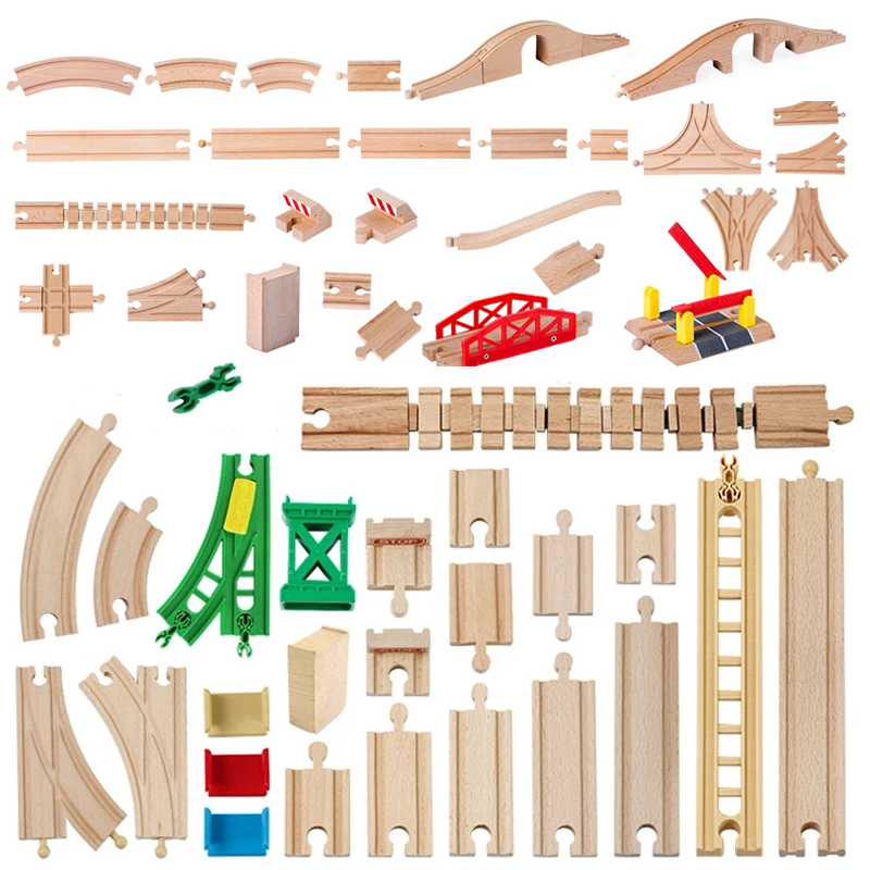 Alle Arten von Holzeisenbahn-Schienen-Sets Buchen-Holzeisenbahn-Zubehör Kreuzung Brücke Lernspielzeug Geschenke