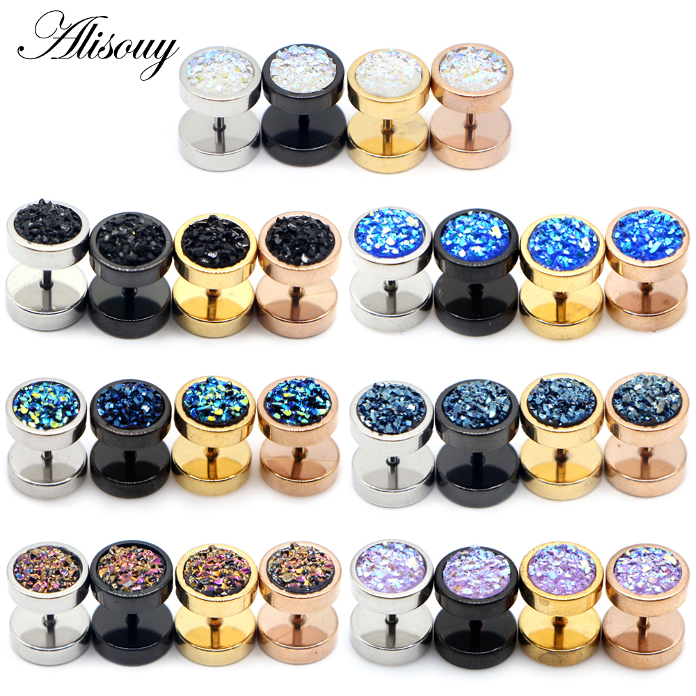 Alisouy 2 pièces en acier inoxydable Punk Double face rond cristal minerai hommes femmes haltères haltères oreille clous d'oreilles boucles d'oreilles Piercing bijoux