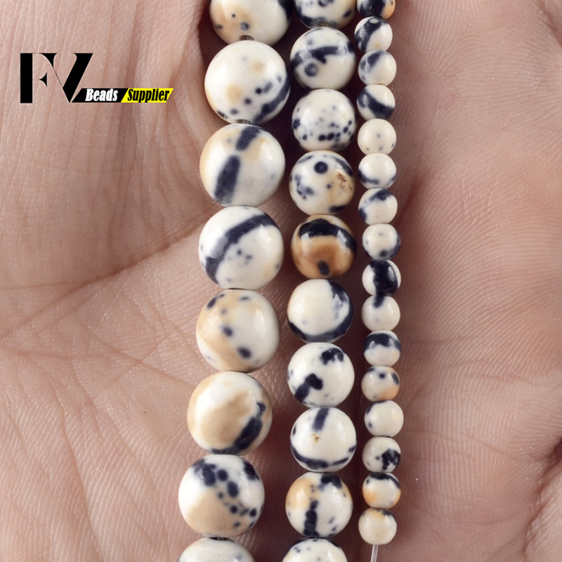 Naturalne czarne białe plamy deszczowe koraliki kwiatowe okrągłe luźne koraliki dystansowe do tworzenia biżuterii Diy bransoletki naszyjnik 4/6/8/10/12mm 15"