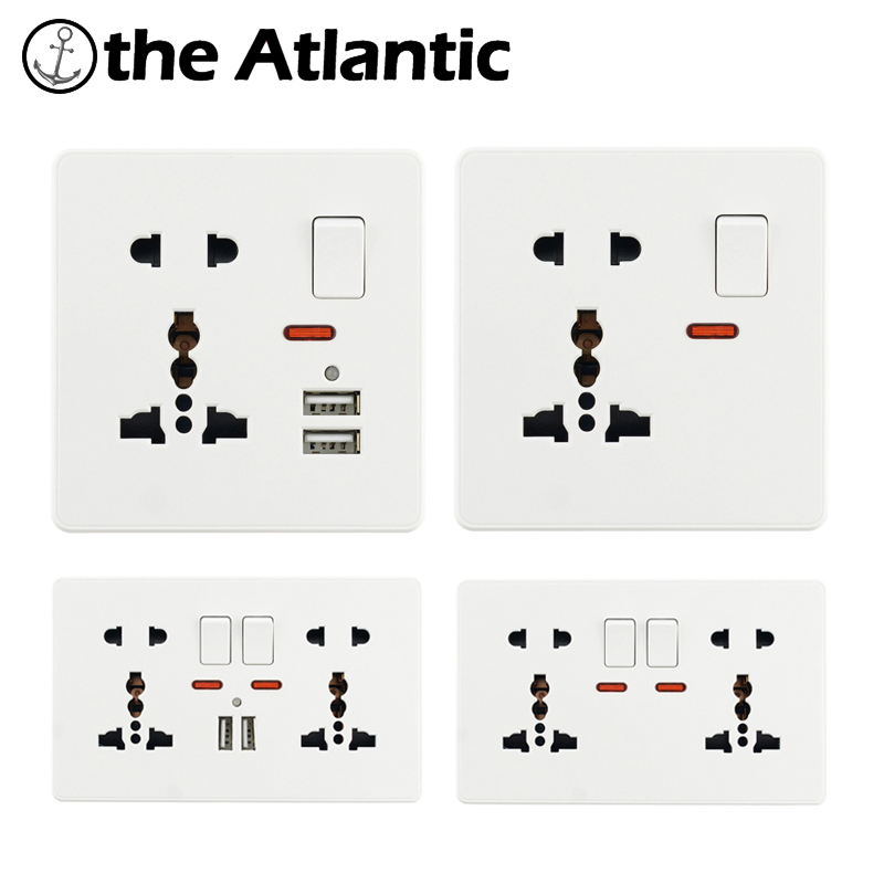 Universal Socket 5 Hole 13A With 2.1A Dual USB Wall Power Socket 2 Pin 3 Pins White Plastic Frame Single Double Socket DE EU FR