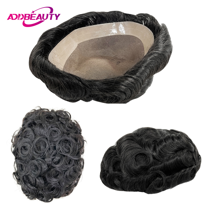 Homens peruca fina mono npu humano natural peruca de cabelo humano onda reta perucas de cabelo humano 25mm onda prótese capilar cor natural