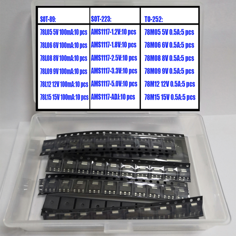 SMD-Spannungsregler-Sortiment SOT89 SOT223 TO252 LDO AMS1117 2,5 V 1,2 V 1,8 V 3,3 V 5 V, 6 V, 8 V, 9 V, 12 V, 15 V, 100 mA, ADJ-KIT-Set