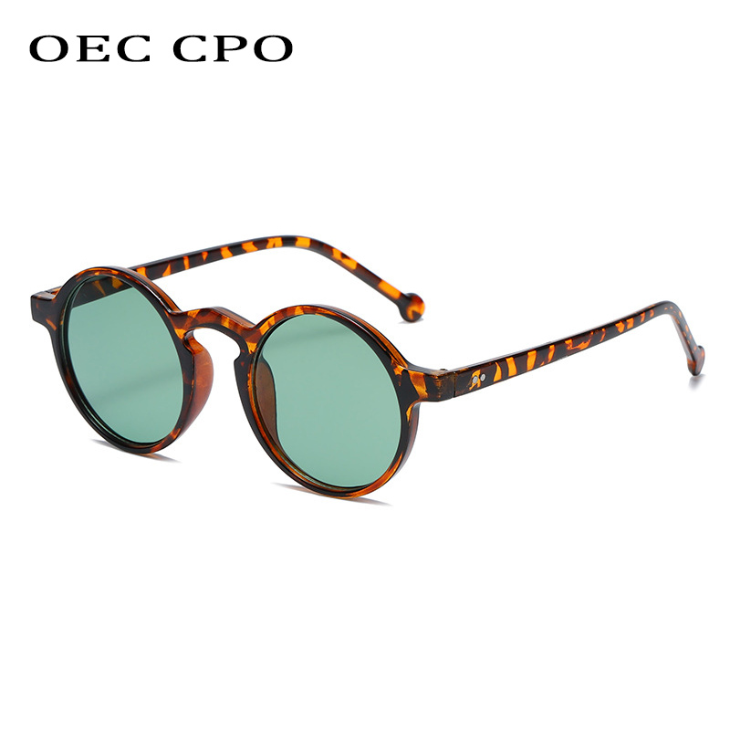 OEC CPO okrągłe okulary przeciwsłoneczne damskie Vintage nity udekoruj okulary przeciwsłoneczne moda męska klasyczne lampart zielone odcienie okulary UV400 gogle