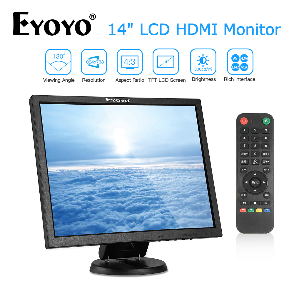 EYOYO EM14A 14 Inch 4:3 TFT BNC HDMI Màn Hình PC 1024X768 Màn Hình LCD Màn Hình VGA AV Máy Tính Màn Hình TV dành Cho Camera Quan Sát Camera An Ninh 12V