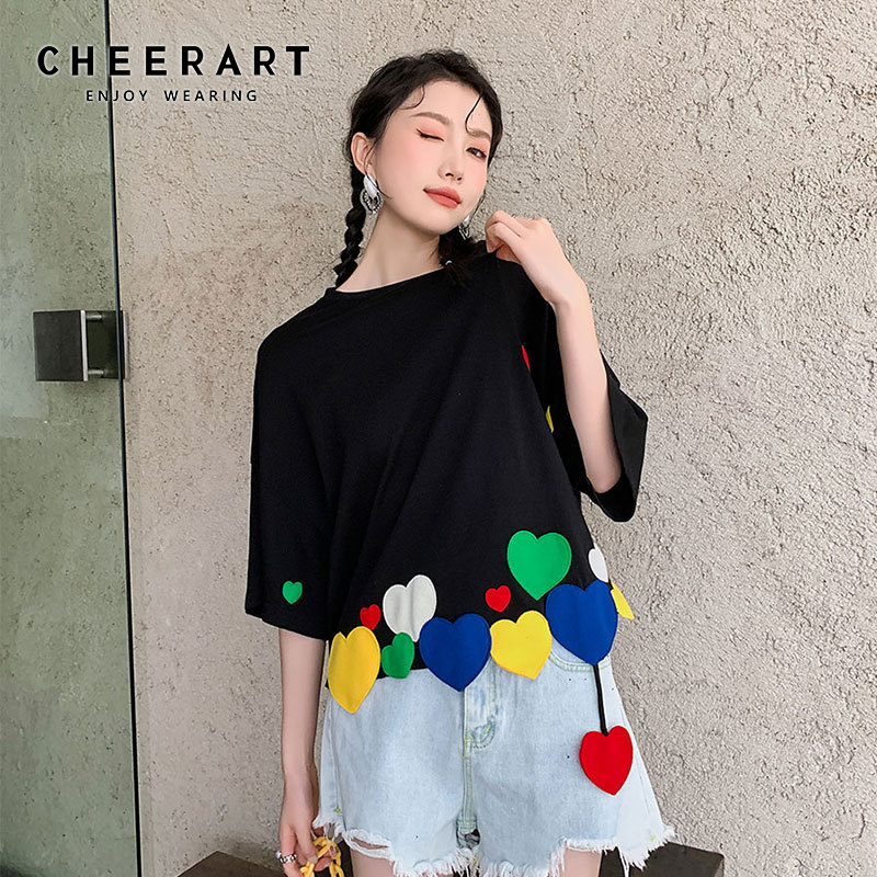 CHEERART Designer kolorowe serce Patch koszulka Crop Top lato z krótkim rękawem Tees obszerna koszulka Kawaii śliczny koreański modny Top