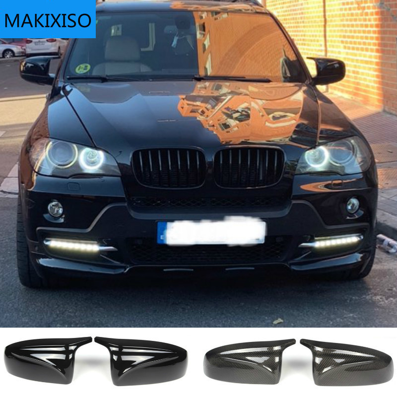 2szt Boczne skrzydło wsteczne zmodyfikowana stylizacja samochodu Jasny czarny wzór z włókna węglowego Nakładki na lusterka do BMW X5 E70 X6 E71 2008-2013