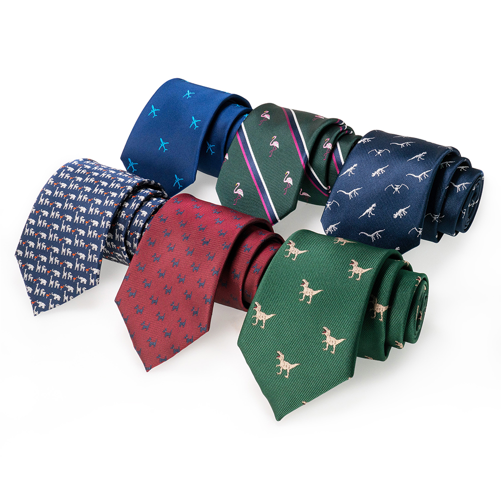 Jemygins novo design gravata animal para homens seda tecido gravata 8cm dos desenhos animados dinossauro raposa jacquard moda festa de casamento presente gravata