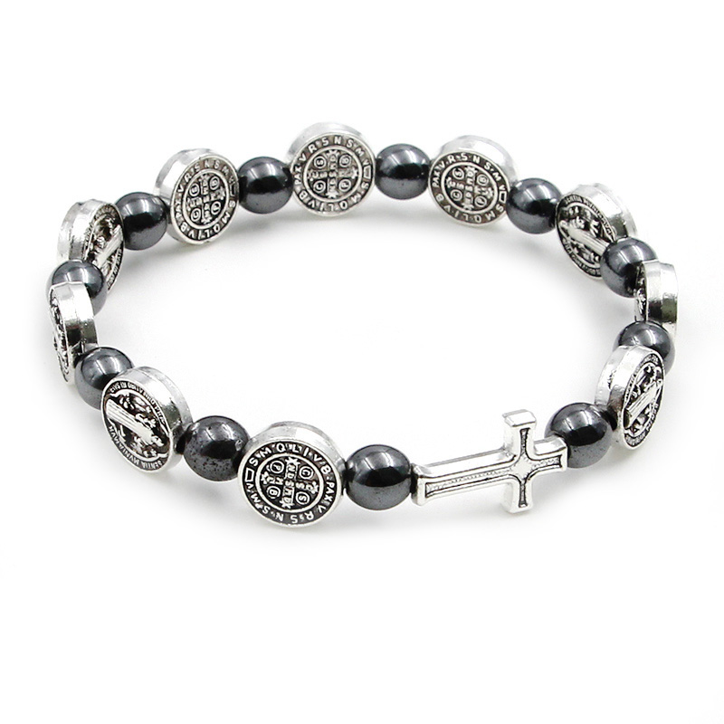 VILLWICE Bracciale rosario cattolico Medaglia di San Benedetto Braccialetti di preghiera croce Perline di ematite Accessori per gioielli religiosi