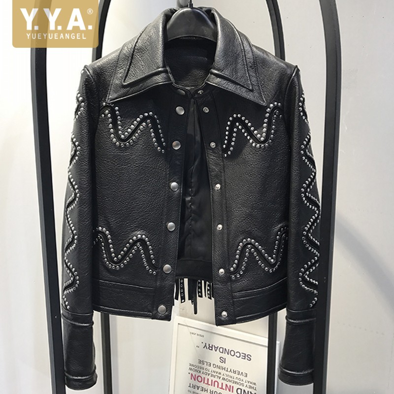 Chaquetas de cuero Real con borlas y remaches para mujer, abrigos cortos sólidos de piel de oveja, solapa de botonadura única, trabajo pesado de lujo