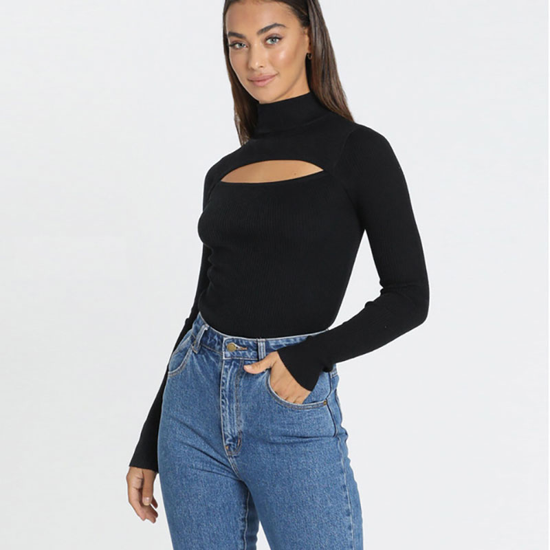 Pullover lavorato a maglia autunno/inverno sexy da donna nero pullover a collo alto maglione casual camicia da donna maglione attillato a maniche lunghe per ragazze