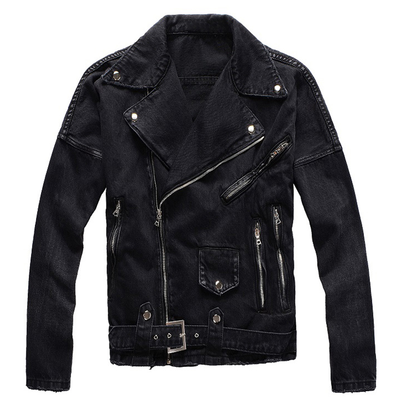 Sokotoo Herenritsjes Zwart Biker Jean-jack Streetwear Dikke denim slanke jas met riem van hoge kwaliteit