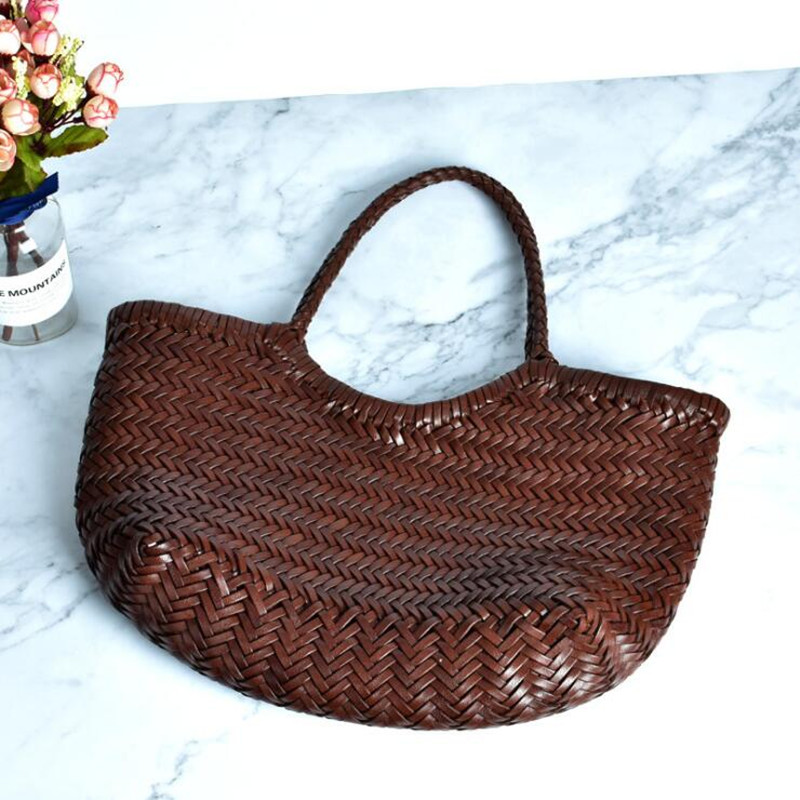 Designer de malha à mão em couro genuíno elegante ​ Alça feminina totes vintage bolsa feminina cowskin senhora grande bolsa de ombro