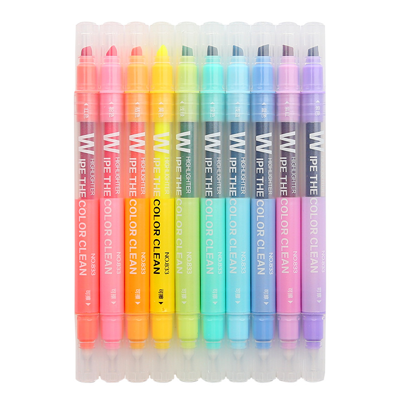 Rotuladores borrables de doble cabezal, marcadores de punta de cincel, Resaltadores fluorescentes de escritura escolar, Color lindo, 10 unids/set