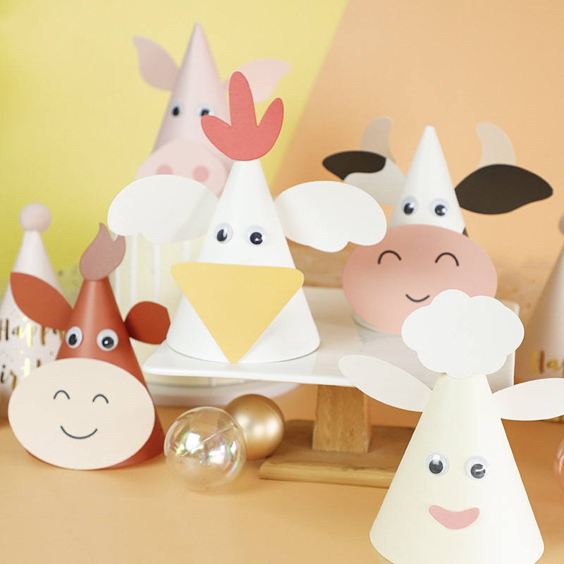 5 pezzi animali da fattoria cappello di carta fai da te decorazioni per feste di compleanno bambini puntelli per bambini per attività all'aperto coniglio pecora pulcino berretto conico