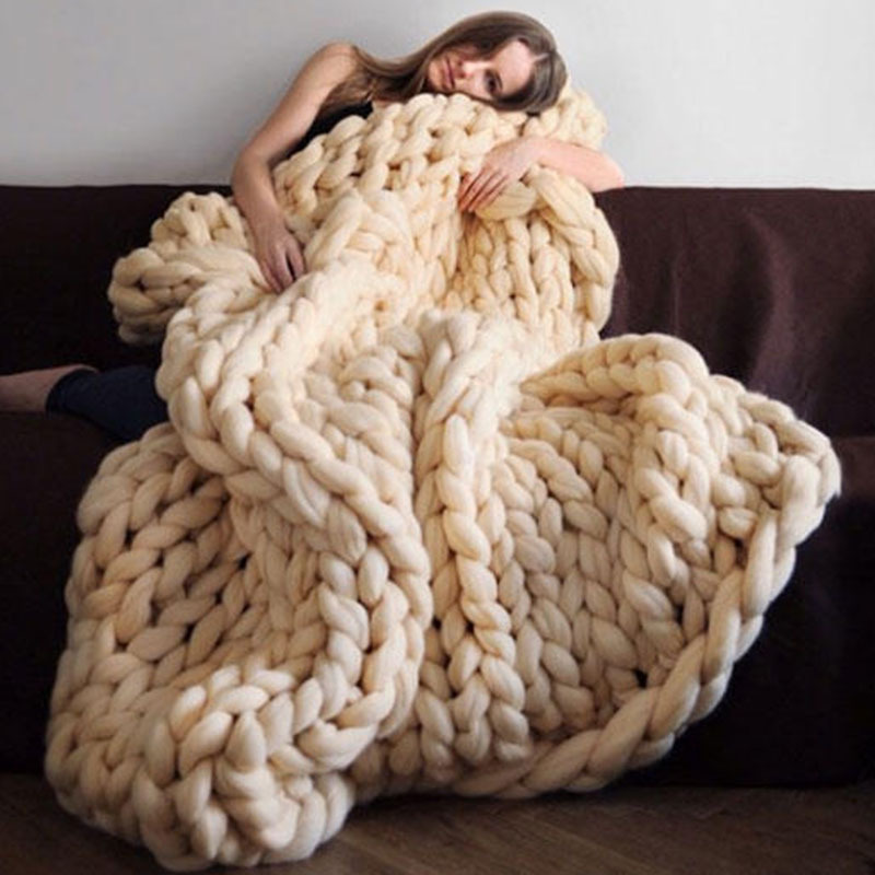 Manta de hilo grueso para cama, mantas tejidas a mano para sofá, mantas tejidas cálidas de color gris y Beige, mantas para aire acondicionado, cama, sofá decorativo