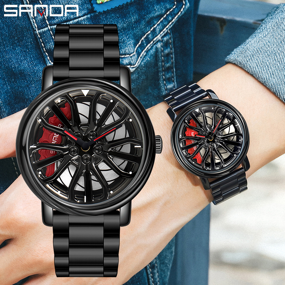 Reloj de pulsera con llanta de coche para hombre, pulsera con esfera giratoria de 360 grados, de acero inoxidable, resistente al agua, deportivo, de cuarzo, superventas