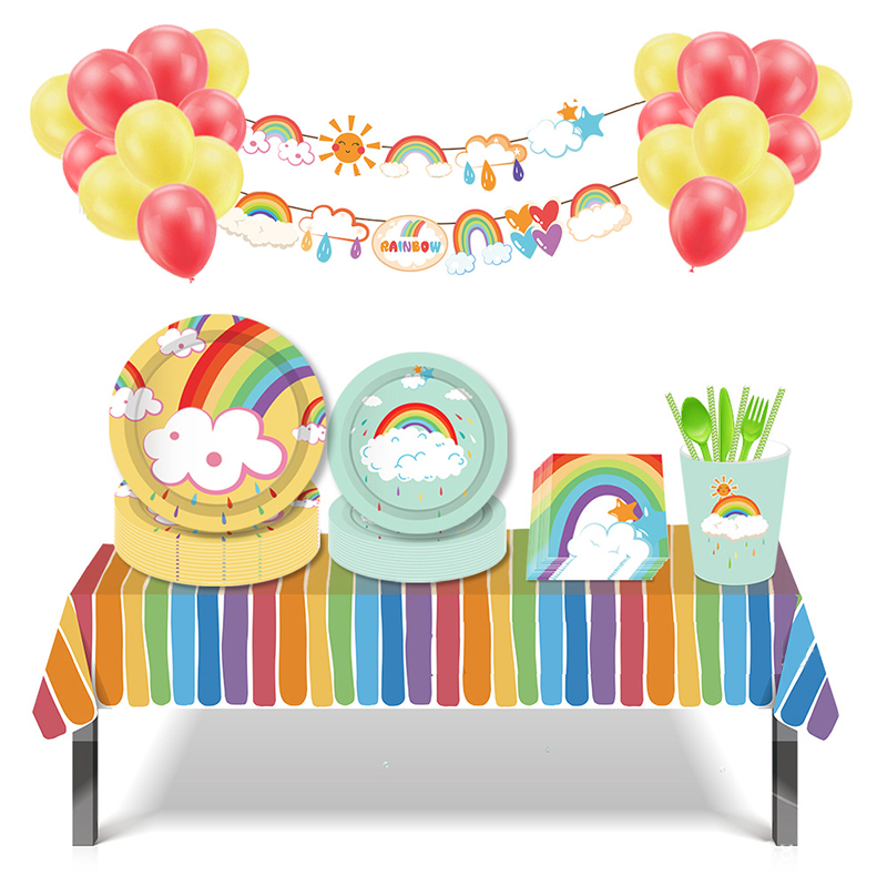 Nuvem branca arco-íris festa favores utensílios de mesa crianças aniversário pratos de papel copo dos desenhos animados sobremesa bolo prato decoração de casamento fontes de festa