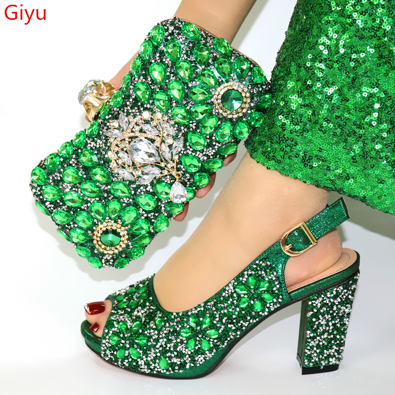 Doershow mode groene Italiaanse schoenen met bijpassende tassen Afrikaanse damesschoenen en tassenset voor promfeest zomersandaal! SJL1-4