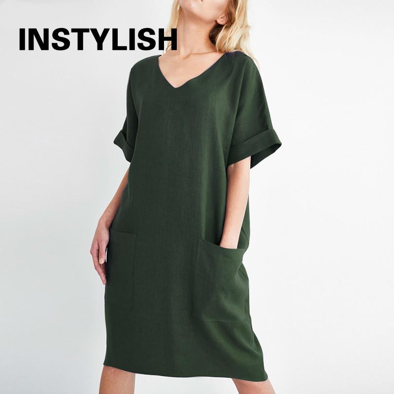 Damska na co dzień z krótkim rękawem, dekolt V, bawełniana, luźna sukienka w stylu Vintage, jednolite, z kieszeniami sukienka oversize, elegancka Mini sukienka na plażę