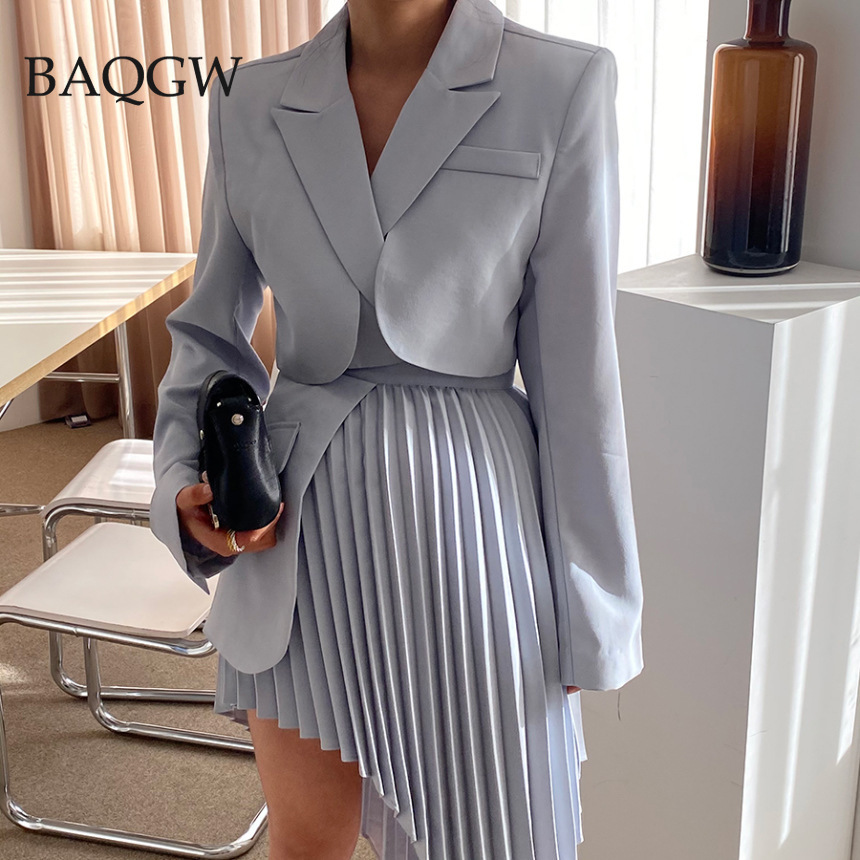 Büro Dame Casual Solide Zweiteilige Set für Frauen Kerb Langarm Blazer Hohe Taille Unregelmäßigen Rock Weibliche Partei Koreanische sets