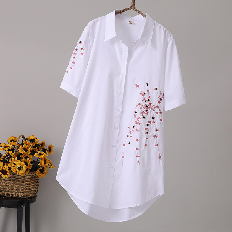 Chemisier à manches courtes brodé de fleurs pour femmes, chemises ethniques chics, 2021 coton, long, vintage, printemps, été, nouveau, 100%