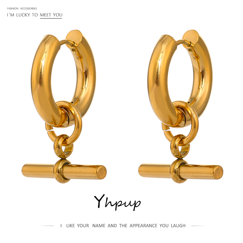 Yhpup Stainless Steel Unusual Earrings Statement Metal Golden Geometric Huggie Earrings Trendy Jewelry for Women Office Gfit