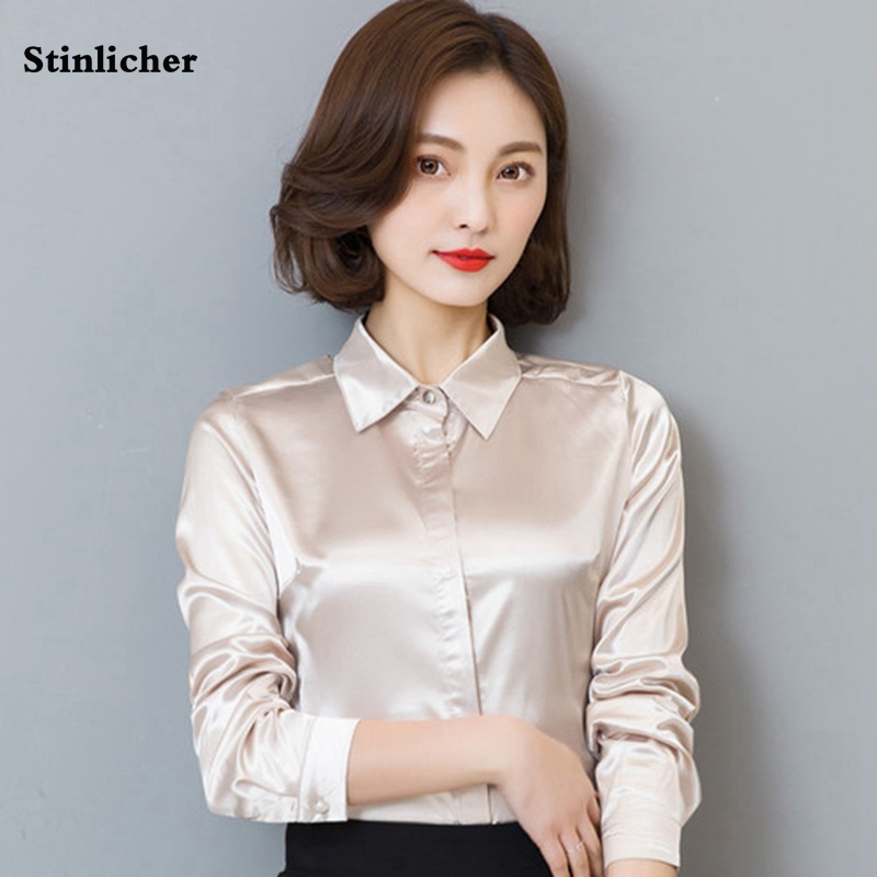 Stinlicher Satin soie chemise femmes printemps automne à manches longues élégant vêtements de travail hauts mode coréenne blanc bleu noir Blouse chemise