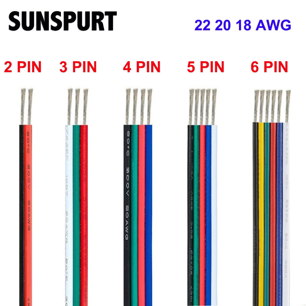 5M-100M RGB Led Connector Cable 22/20/18AWG 2/3/4/5/6Pin Electric Extension Wire for 5050 3528 WS2812B RGBW CCT LED Strip Lights