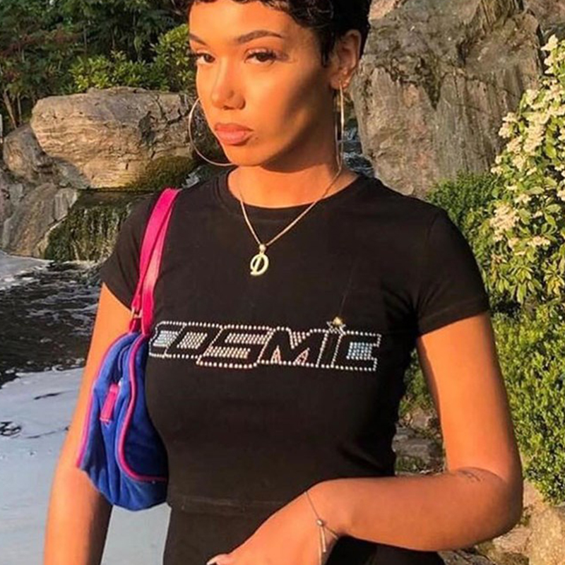 Y2K Krótki rękaw Crop Top Summer Shiny Rhinestone Cosmic Letter Black T-shirt Short Tops Slim Navel Punk Vest Club Koszule damskie