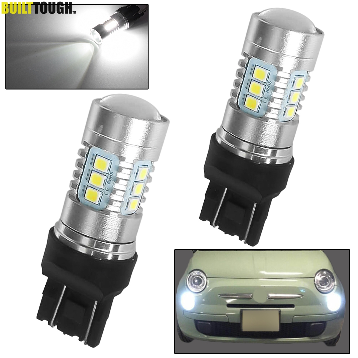 Дневные ходовые огни для Fiat 500, T20, 7443, 580, 582, W21/5 Вт, передсветильник фары, светодиодные лампы DRL, белые, 6000K, 12 В, супер яркие