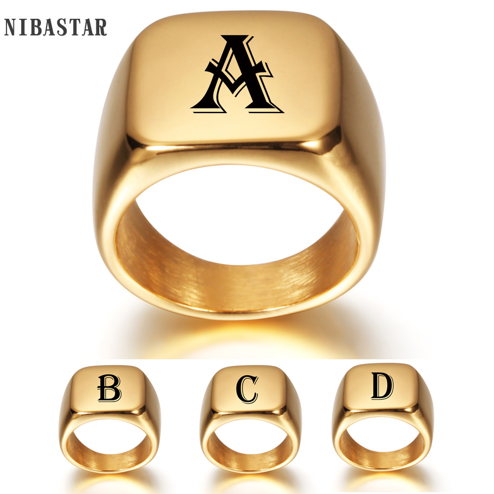 Grabado inicial personalizado del alfabeto de A a Z, sello de acero inoxidable, anillo liso en blanco, tono de Color dorado pulido alto, tamaño estadounidense